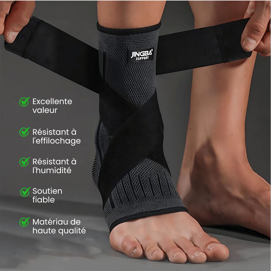 Green compression ankle brace sleeve pulled over the heel and arch