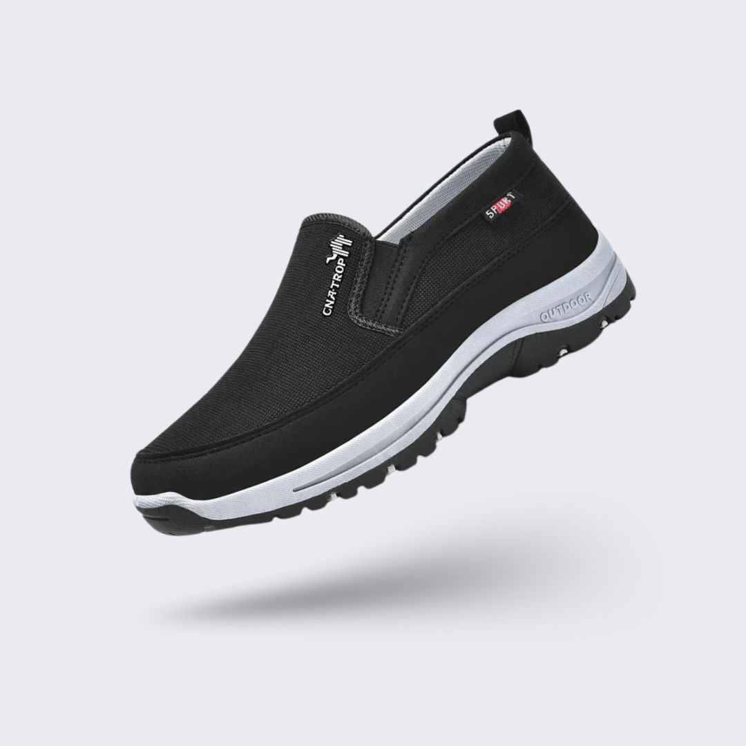 Black orthopedic walking shoes for men with a cushioned midsole and lace-up fit