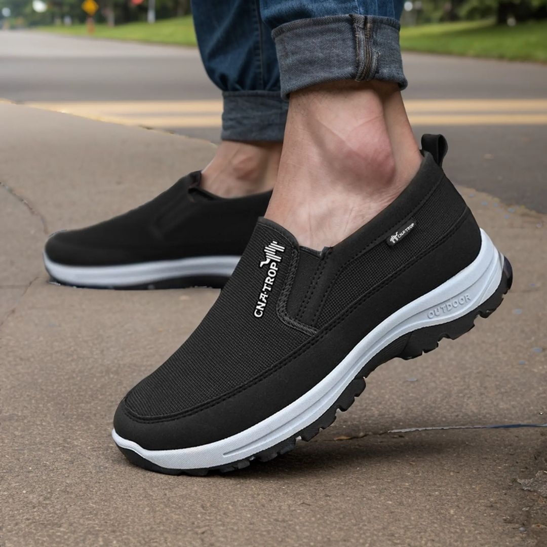 Black orthopedic walking shoes for men with a cushioned midsole and lace-up fit