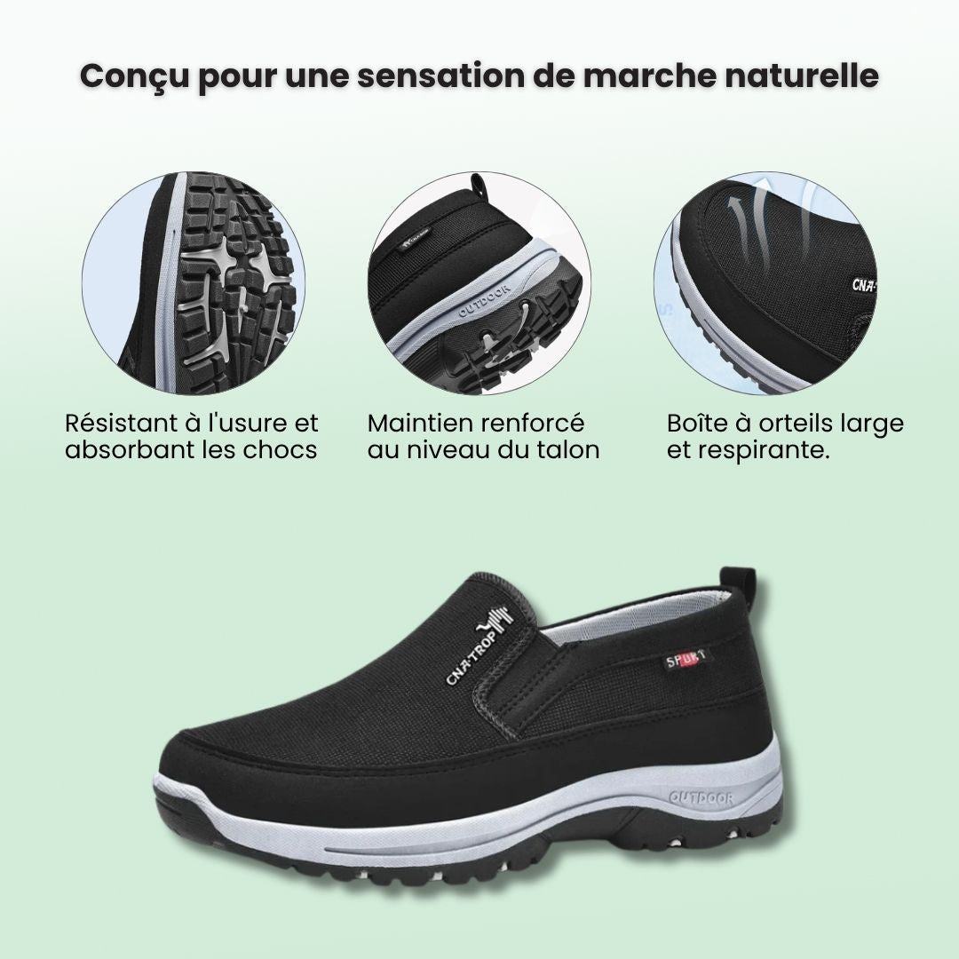 Black orthopedic walking shoes for men with a cushioned midsole and lace-up fit