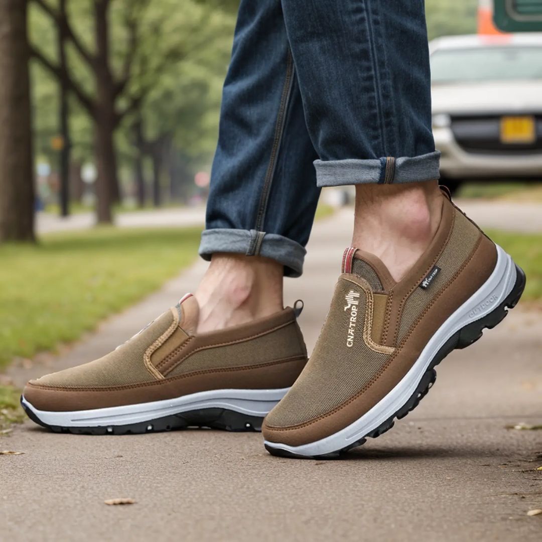 Black orthopedic walking shoes for men with a cushioned midsole and lace-up fit
