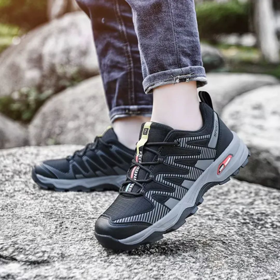 Orthopedic walking shoes with a thick cushioned sole, in blue, black and gray colorways