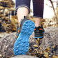 Orthopedic walking shoes with a thick cushioned sole, in blue, black and gray colorways