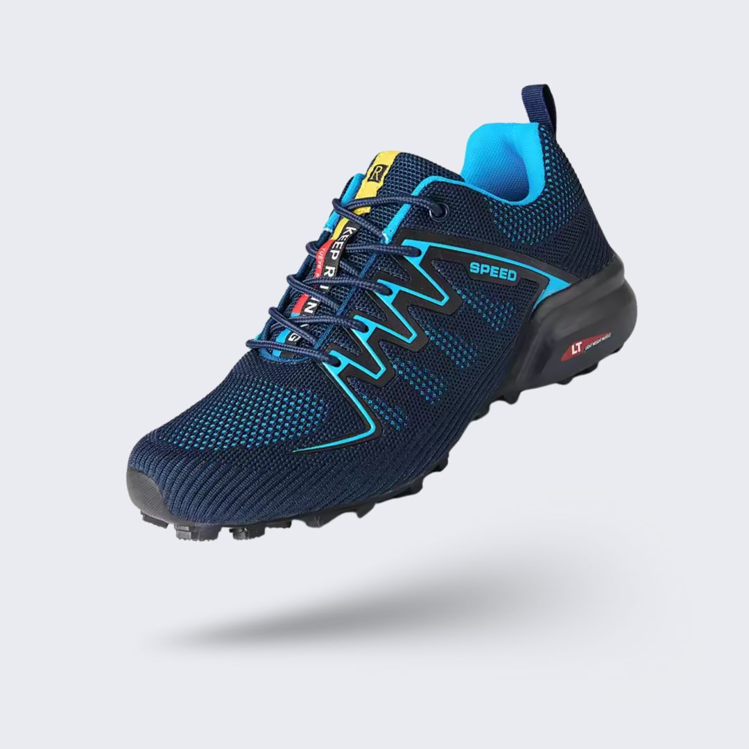 Men's orthopedic walking shoes with a thick sole, in black and red, blue, and gray and orange