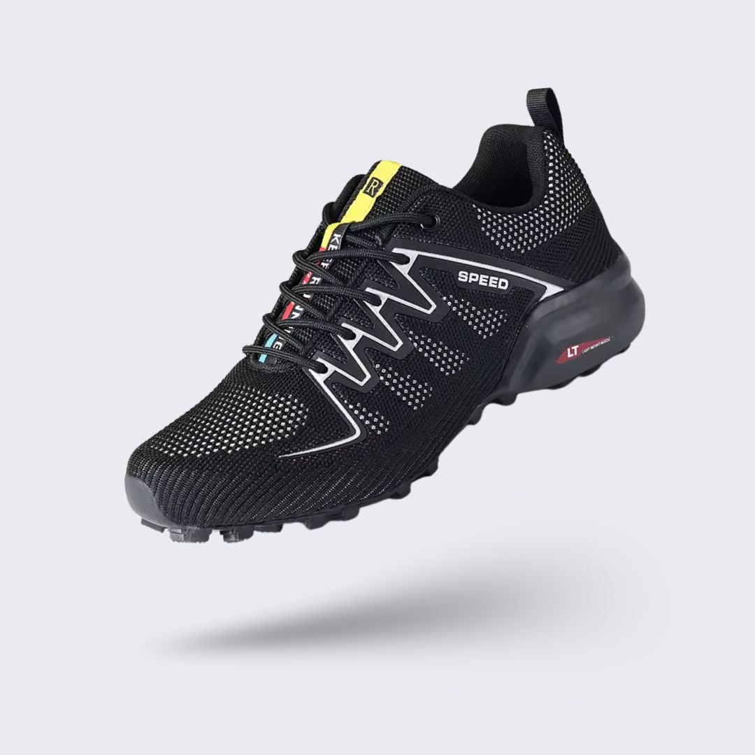 Men's orthopedic walking shoes with a thick sole, in black and red, blue, and gray and orange
