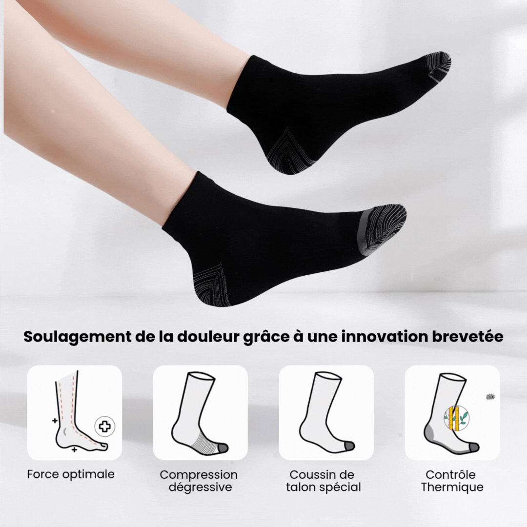 Gray compression socks with a firm band under the arch for plantar pain