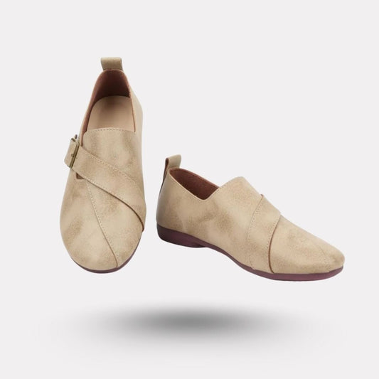 Khaki lace-up orthopedic walking shoes with a cushioned sole and roomy toe box