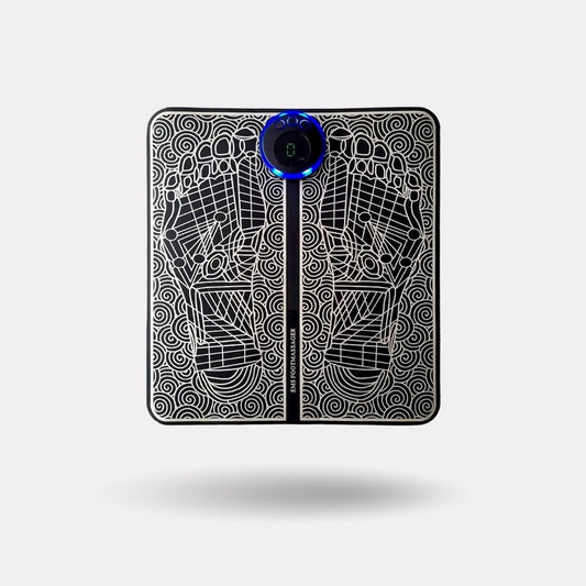Flat EMS foot massager mat with electrode pads that the soles of the feet rest on