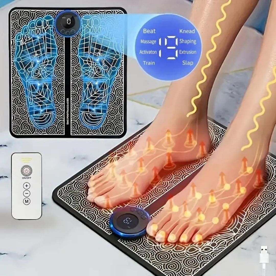 Flat EMS foot massager mat with electrode pads that the soles of the feet rest on