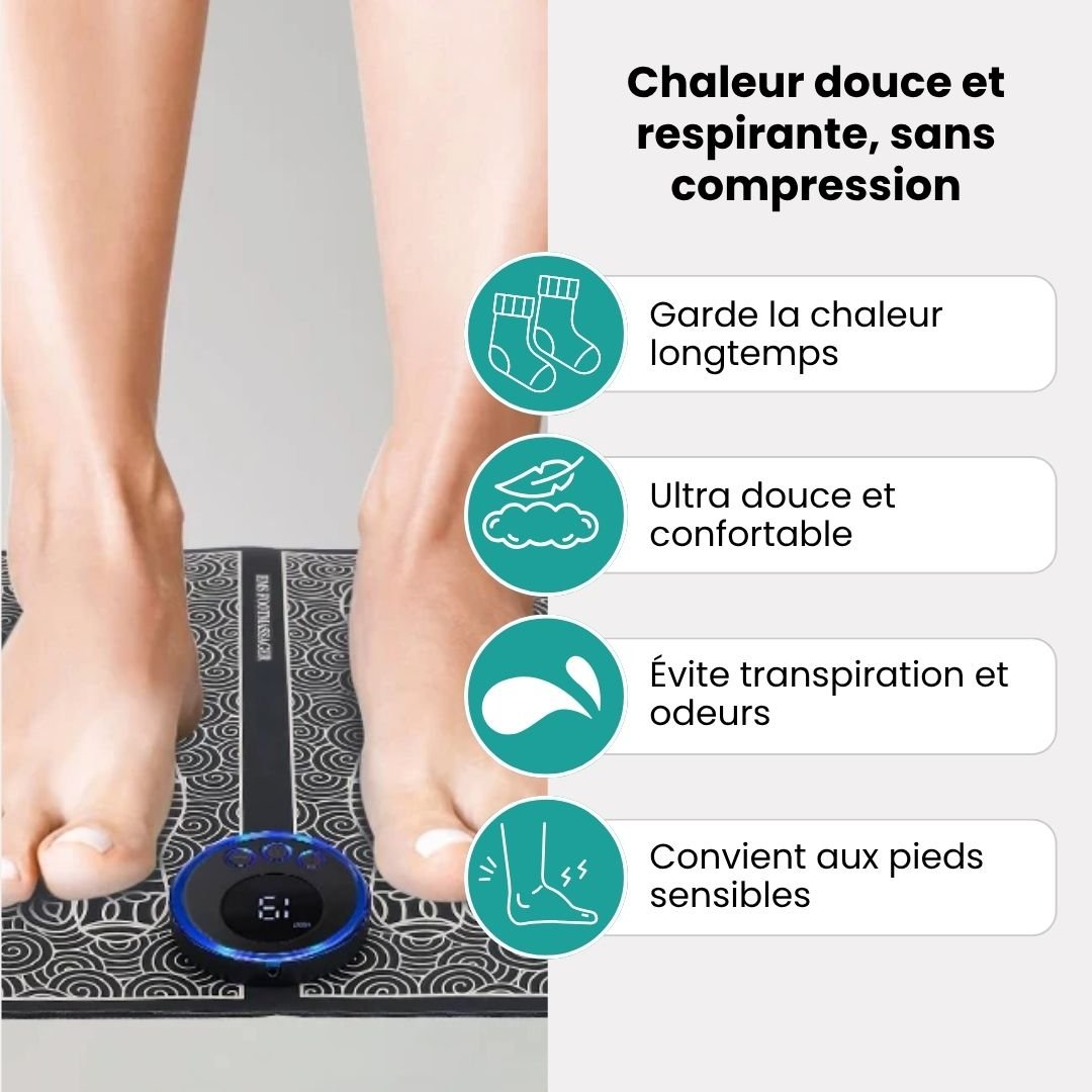 Flat EMS foot massager mat with electrode pads that the soles of the feet rest on