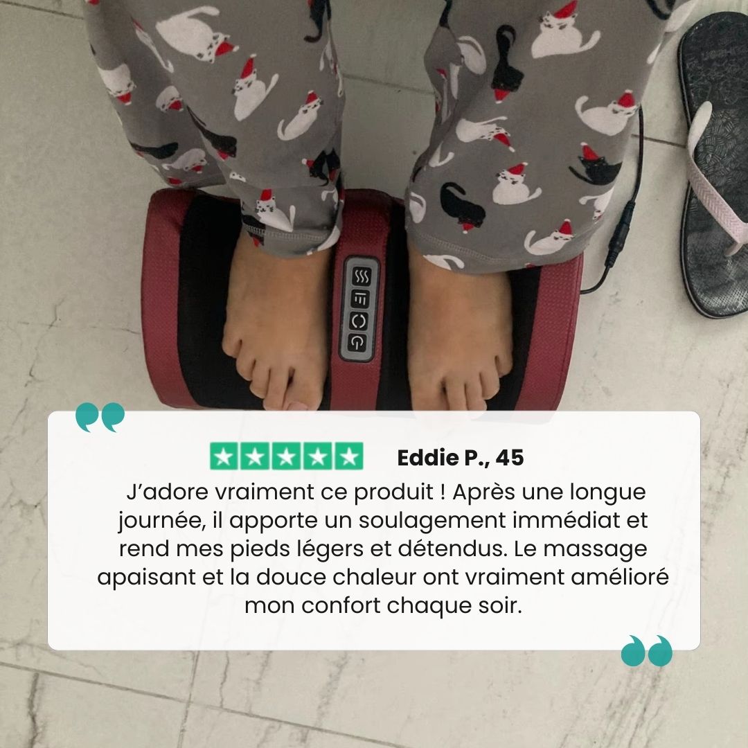 Heated electric foot massager in red, gold and black with an open cradle for both feet