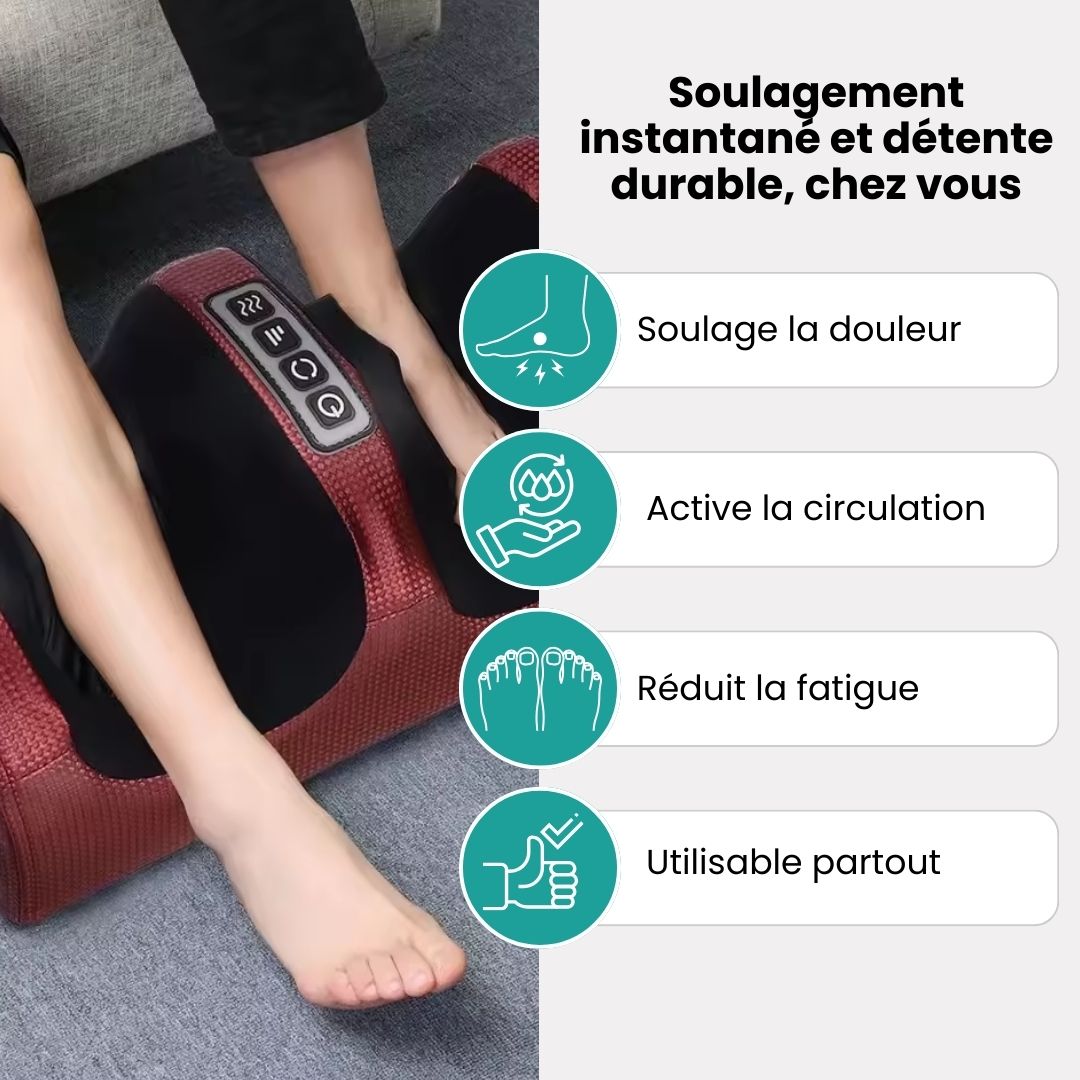 Heated electric foot massager in red, gold and black with an open cradle for both feet