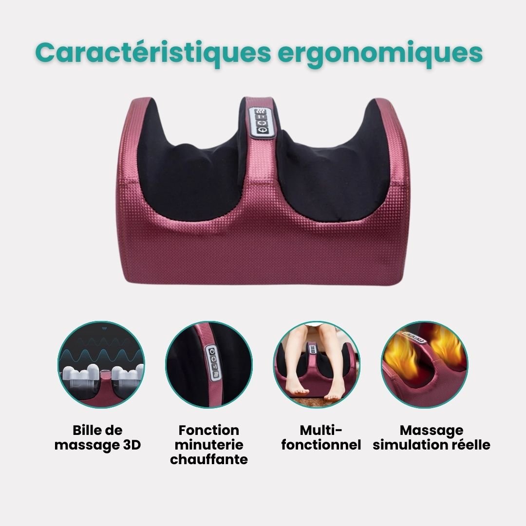 Heated electric foot massager in red, gold and black with an open cradle for both feet
