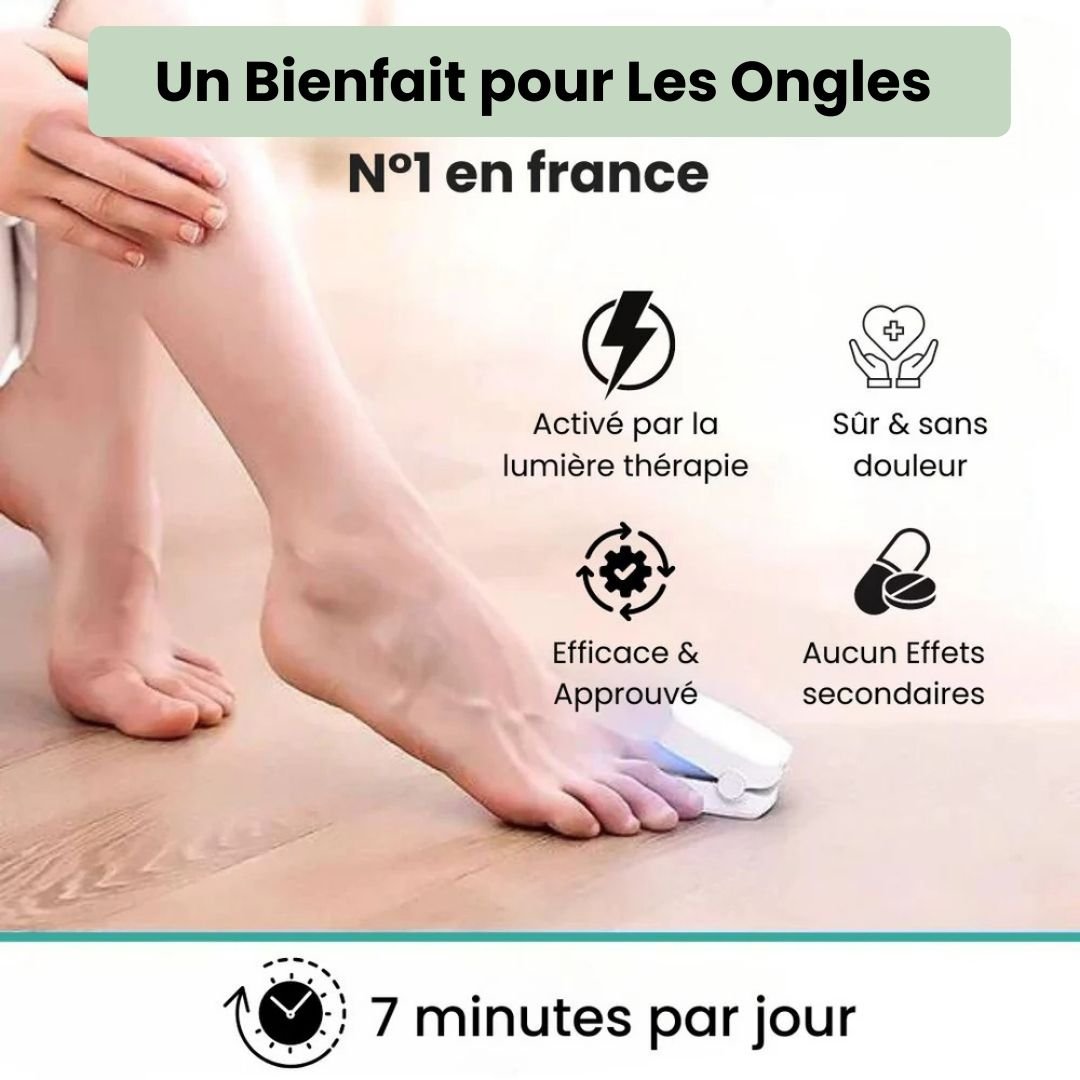 Clip-on UV lamp positioned over the toenail for painless fungus treatment