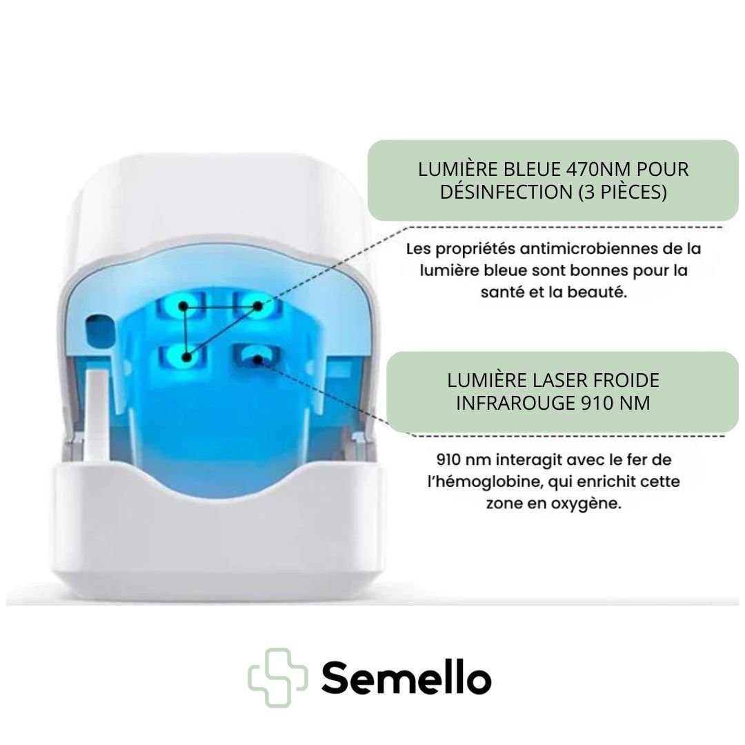 Clip-on UV lamp positioned over the toenail for painless fungus treatment