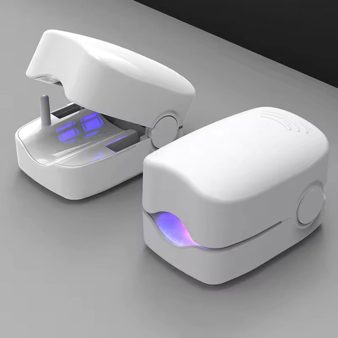 Clip-on UV lamp positioned over the toenail for painless fungus treatment