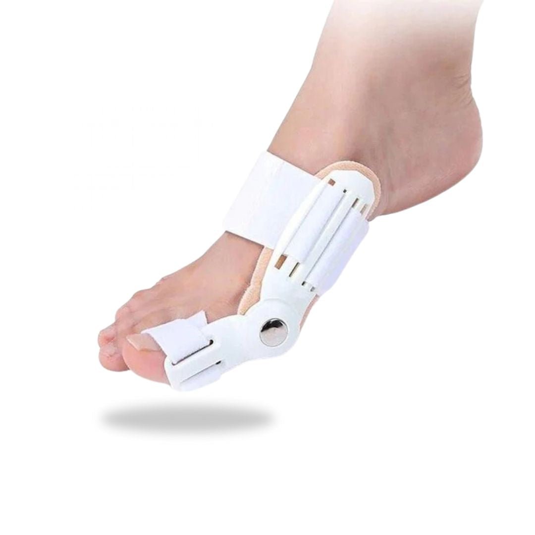 Bunion night splint strapped across the forefoot to hold the big toe straight overnight