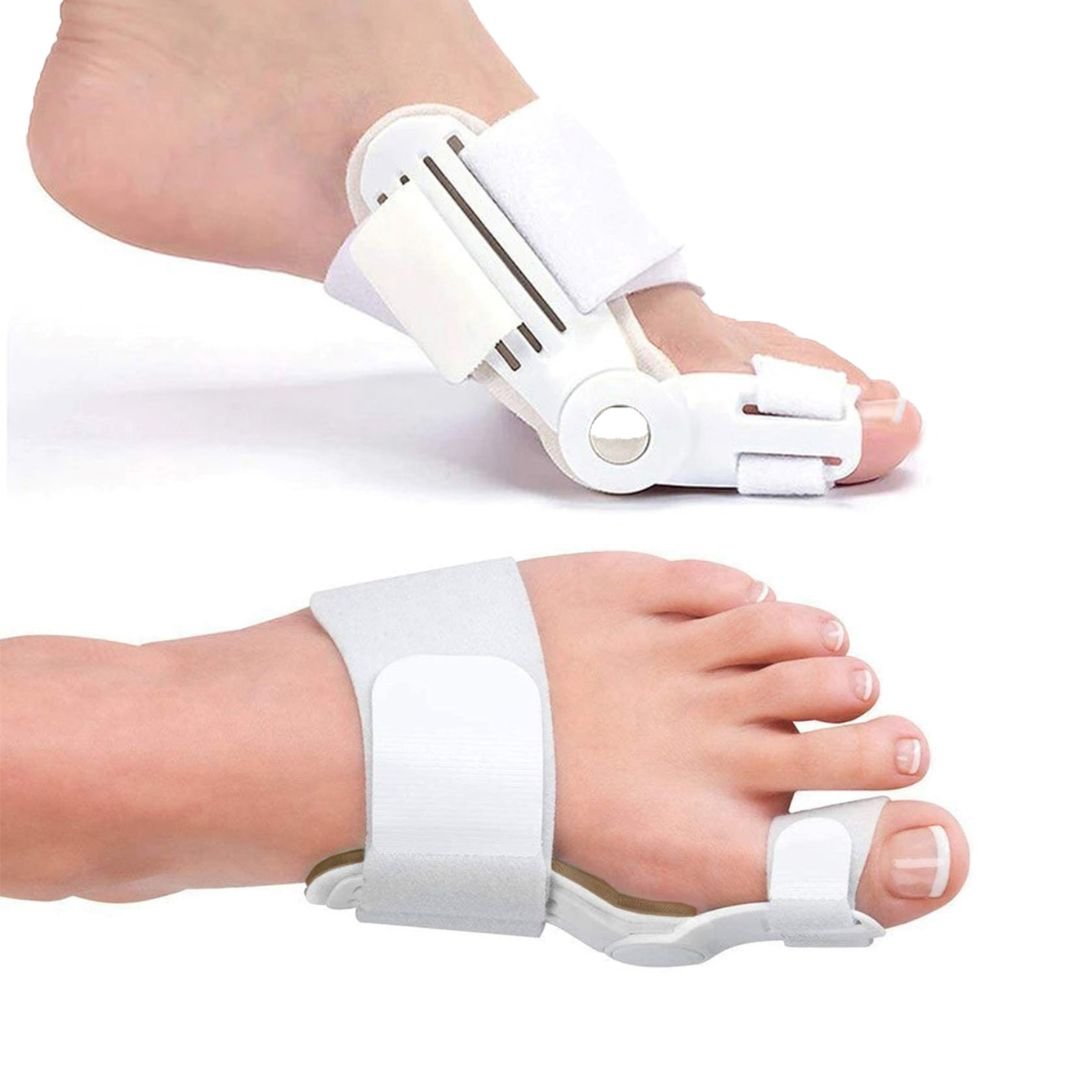 Bunion night splint strapped across the forefoot to hold the big toe straight overnight