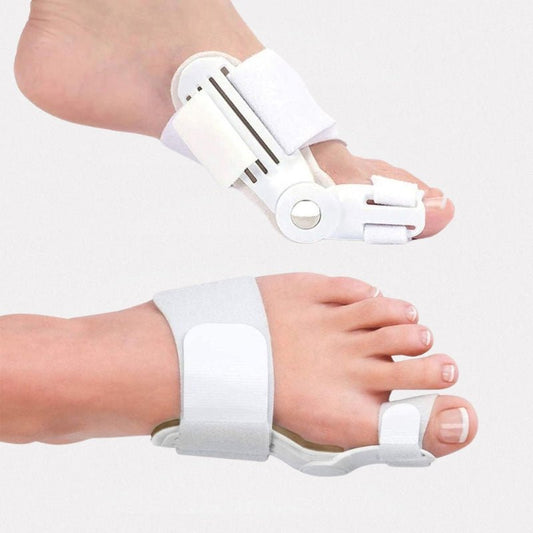 Bunion night splint strapped across the forefoot to hold the big toe straight overnight