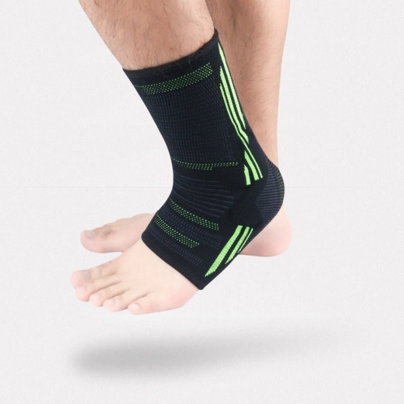 Compression sleeve pulled over the calf, in green, orange, pink and gray
