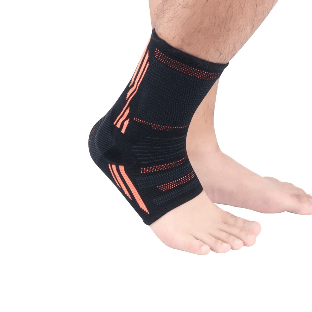 Compression sleeve pulled over the calf, in green, orange, pink and gray