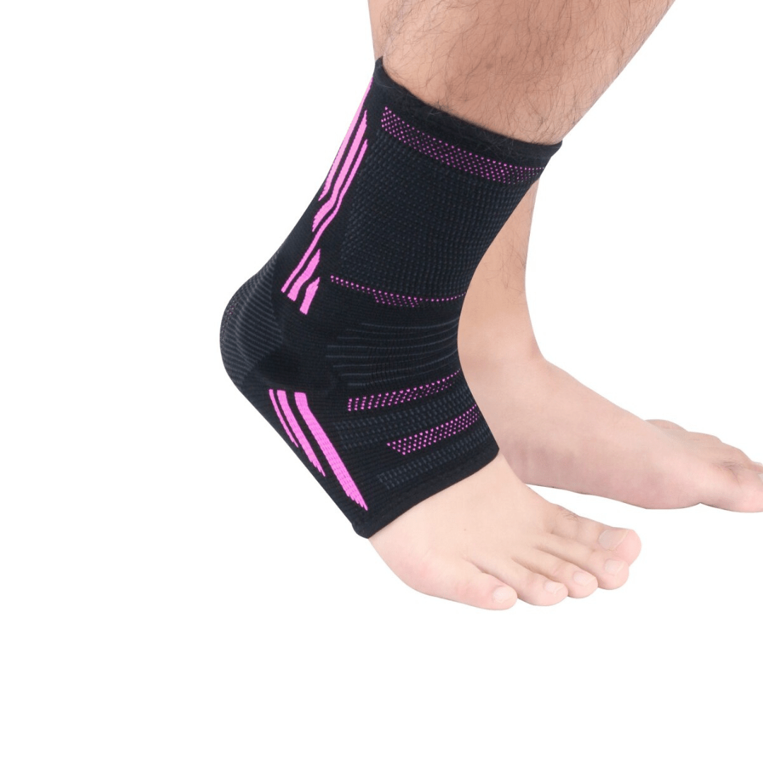 Compression sleeve pulled over the calf, in green, orange, pink and gray