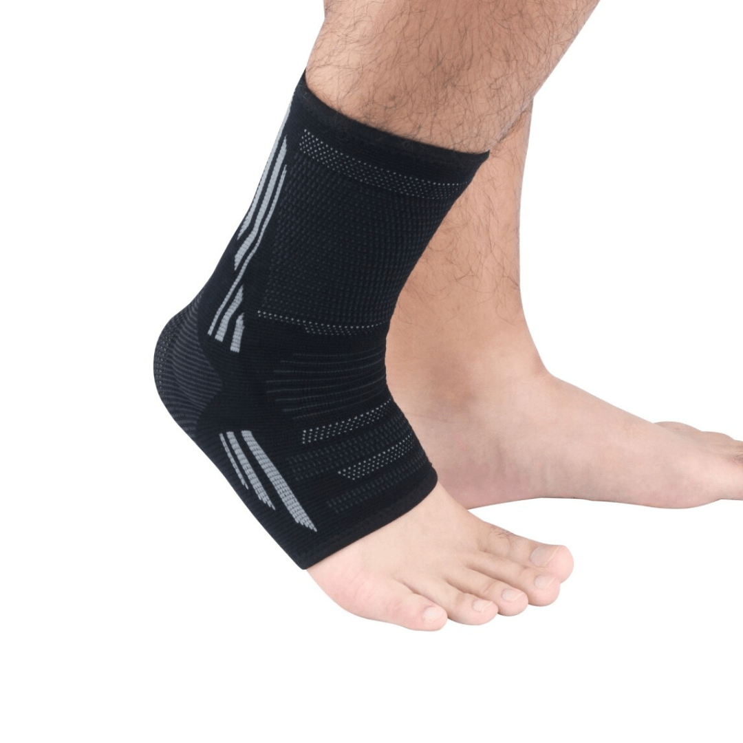 Compression sleeve pulled over the calf, in green, orange, pink and gray
