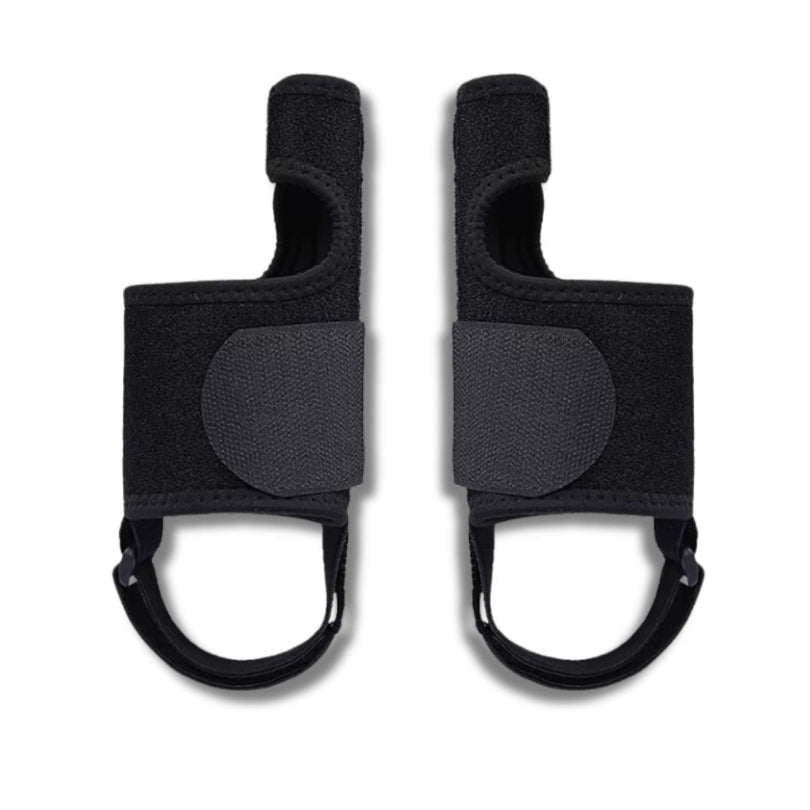 Adjustable night splint strapped across the forefoot to hold the big toe straight
