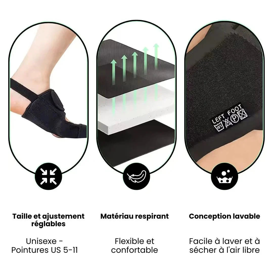 Adjustable night splint strapped across the forefoot to hold the big toe straight