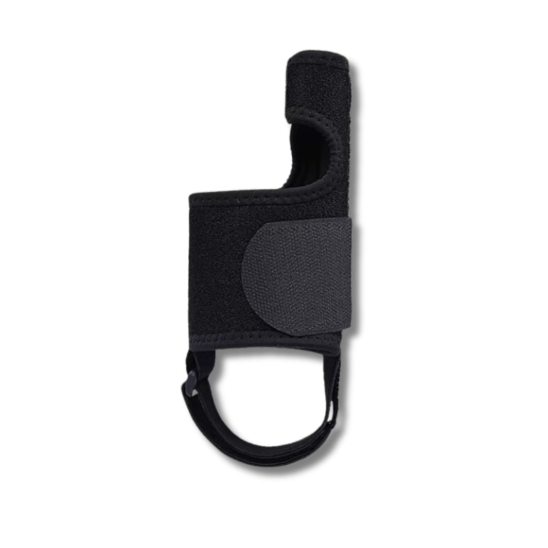 Adjustable night splint strapped across the forefoot to hold the big toe straight