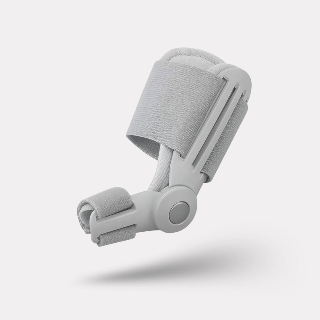 Hinged bunion splint worn over the big toe joint, letting the foot flex while it corrects