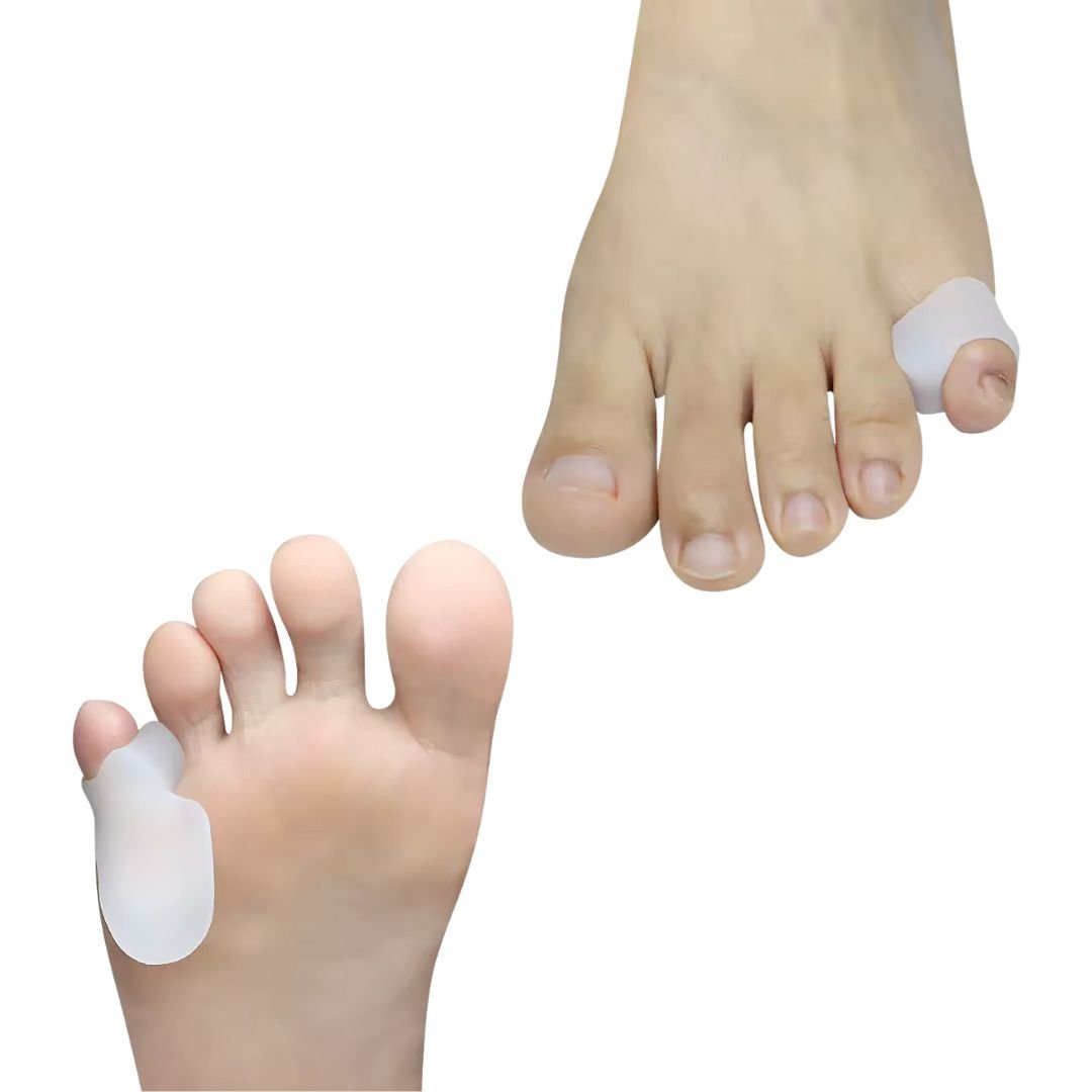 Ultra-soft silicone splint wrapped around the little toe to hold it straight