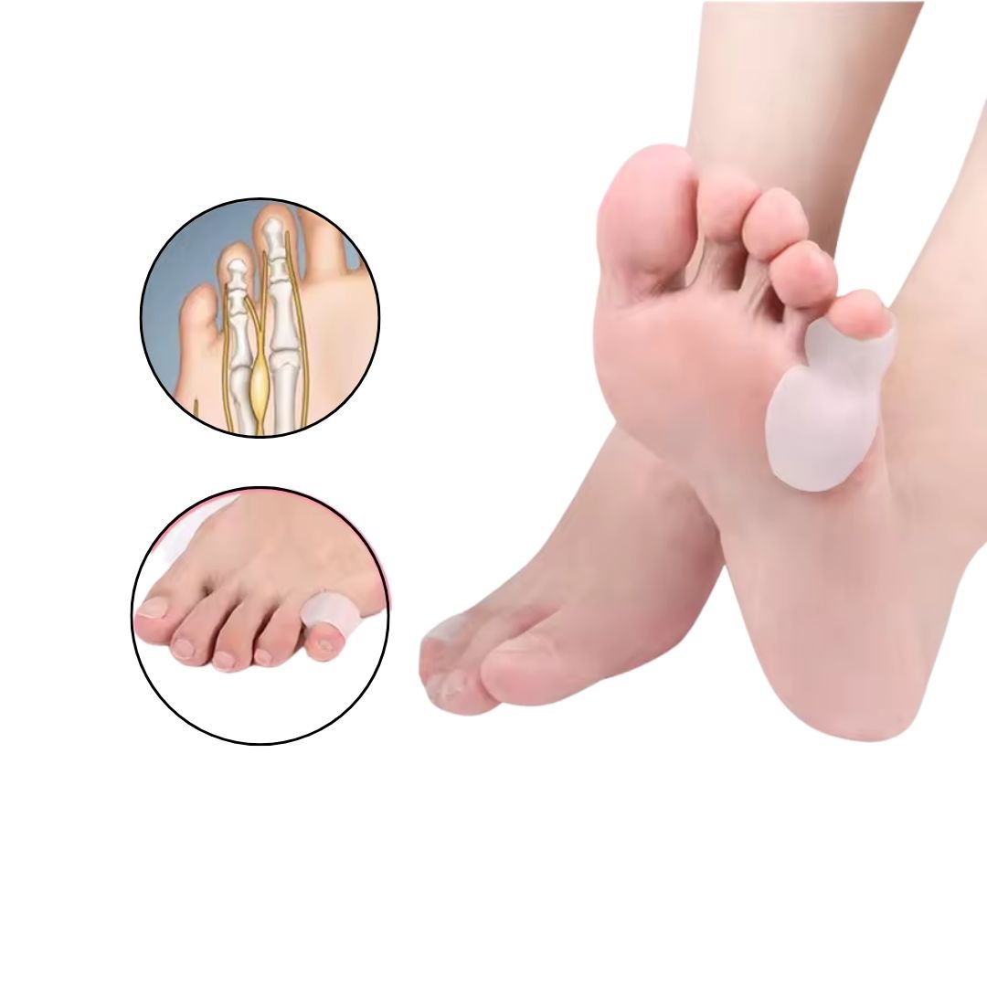 Ultra-soft silicone splint wrapped around the little toe to hold it straight