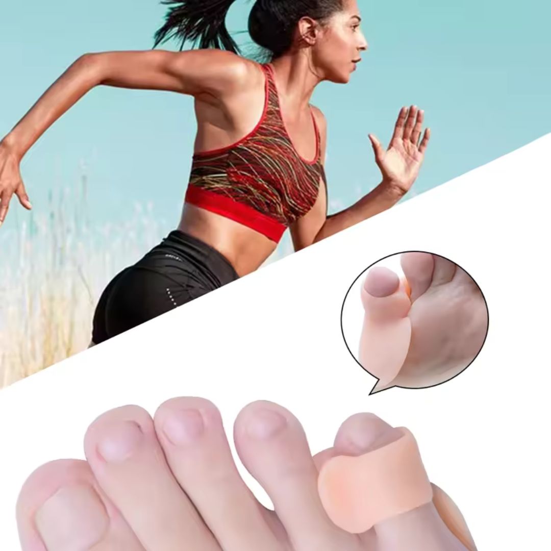 Ultra-soft silicone splint wrapped around the little toe to hold it straight