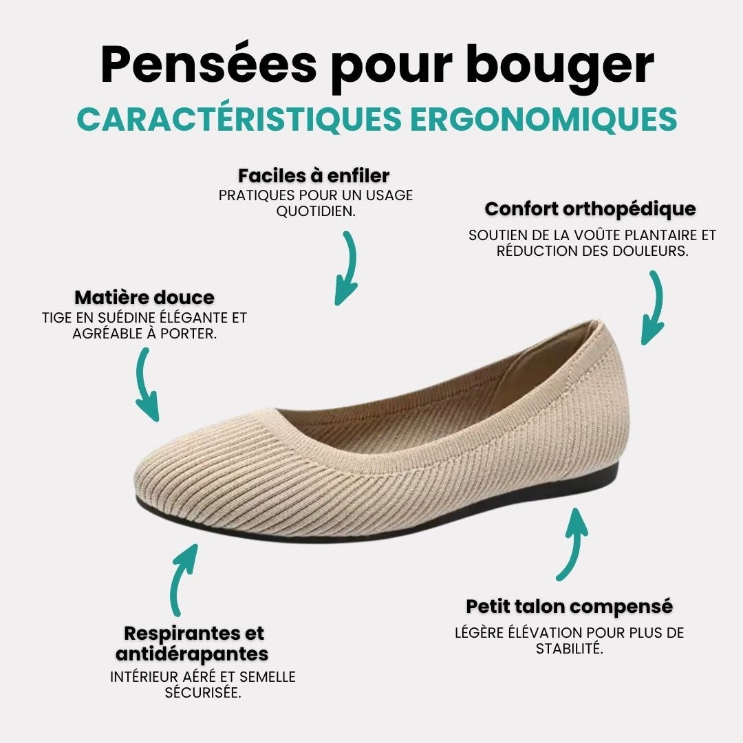 Orthopedic ballet flats with a soft rounded toe, in beige, black, gray, mustard yellow and brown