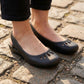 Women's ballet flats with a rounded toe and orthopedic cushioned insole, in black, pink, gold and blue