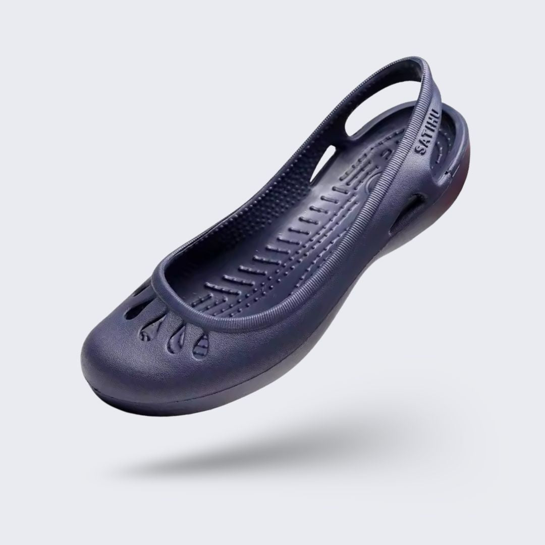 Women's ballet flats with a rounded toe and orthopedic cushioned insole, in black, pink, gold and blue