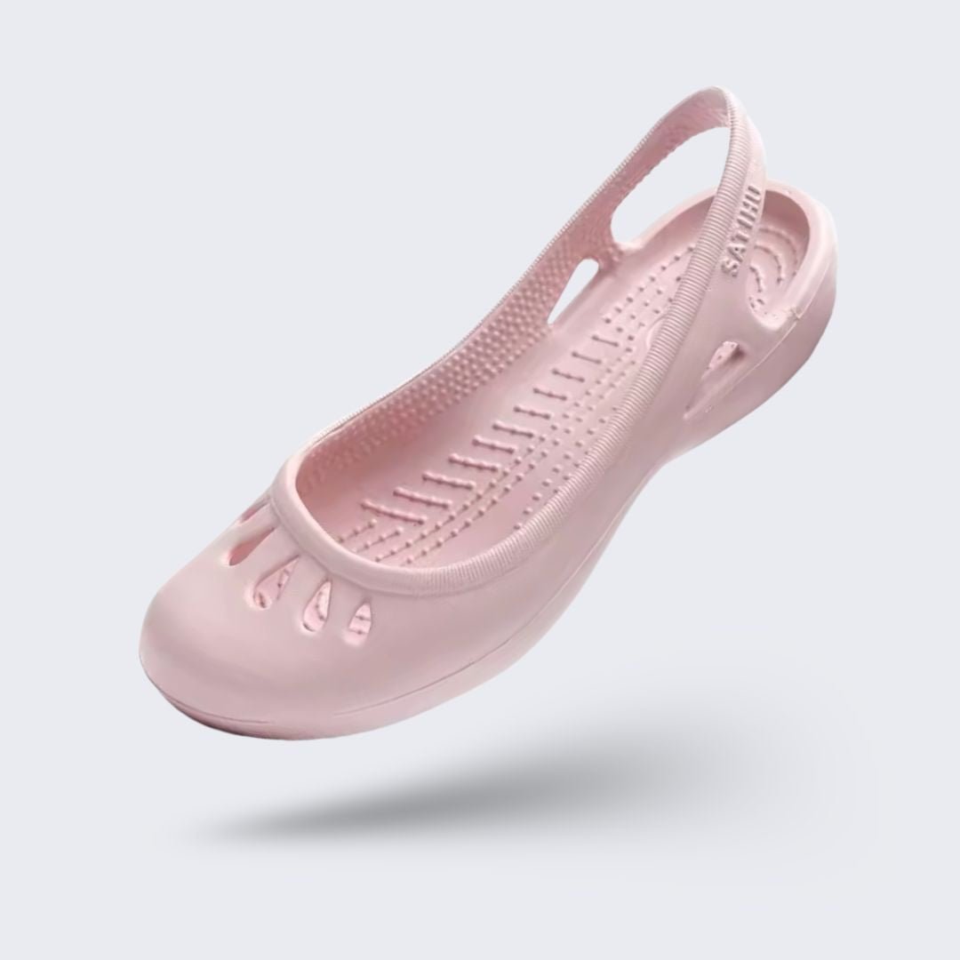 Women's ballet flats with a rounded toe and orthopedic cushioned insole, in black, pink, gold and blue