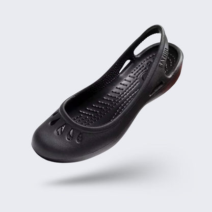 Women's ballet flats with a rounded toe and orthopedic cushioned insole, in black, pink, gold and blue