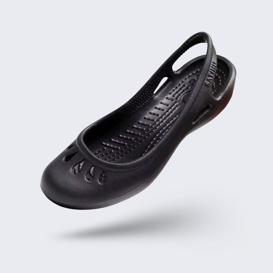 Women's ballet flats with a rounded toe and orthopedic cushioned insole, in black, pink, gold and blue