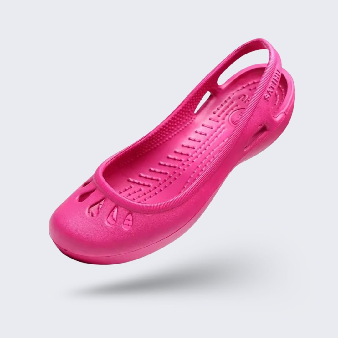 Women's ballet flats with a rounded toe and orthopedic cushioned insole, in black, pink, gold and blue