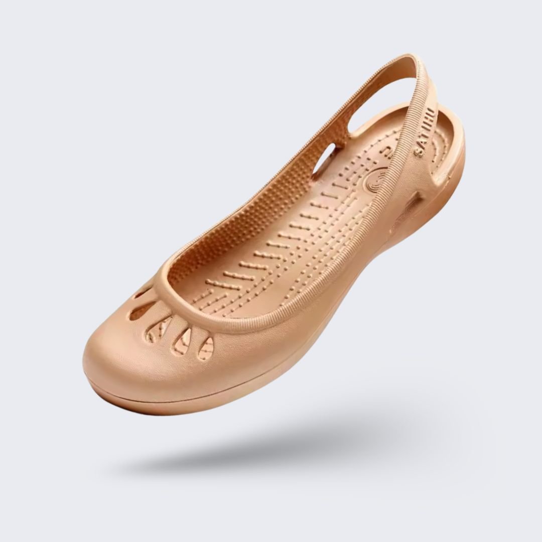Women's ballet flats with a rounded toe and orthopedic cushioned insole, in black, pink, gold and blue