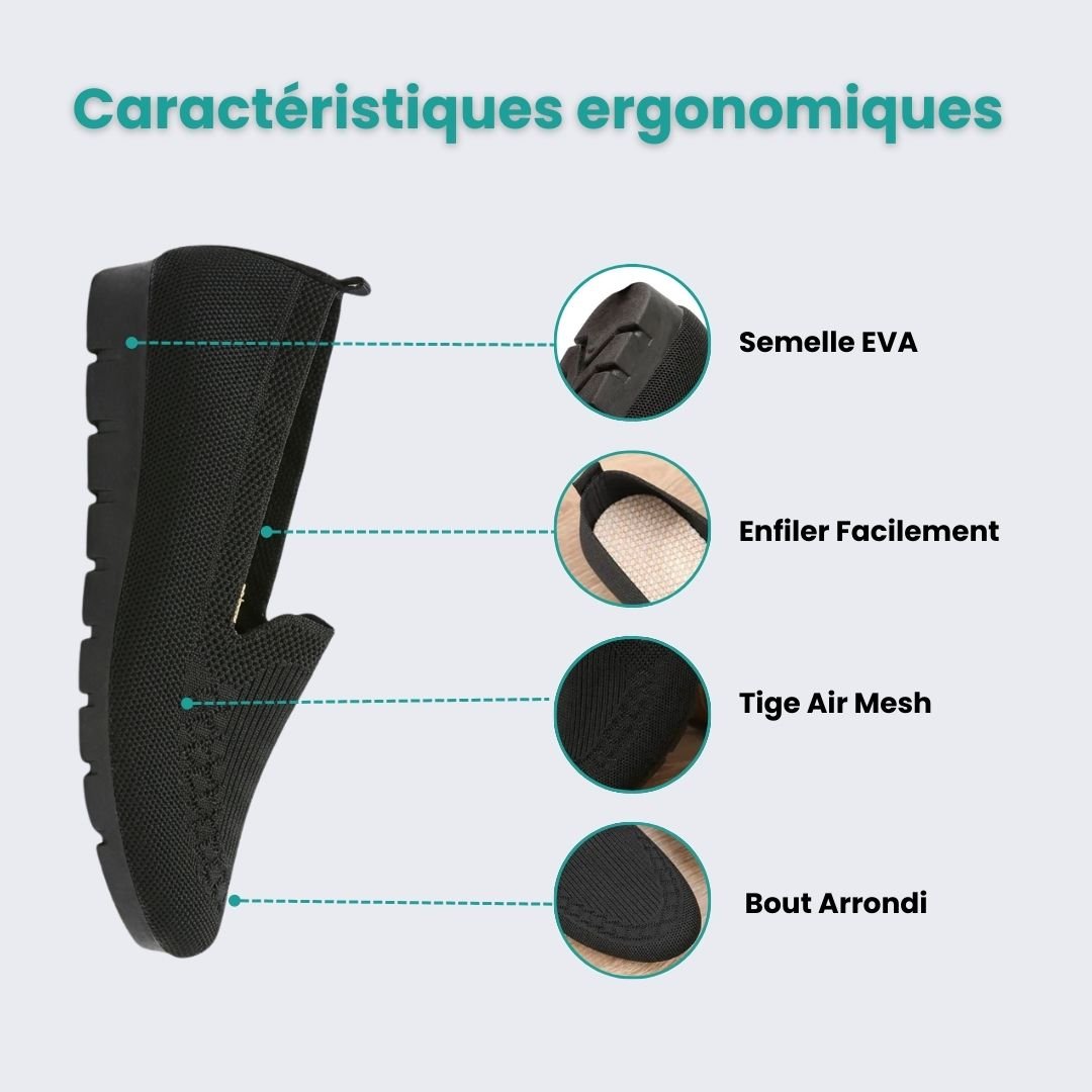 Black orthopedic flats for women with a soft rounded toe and padded insole