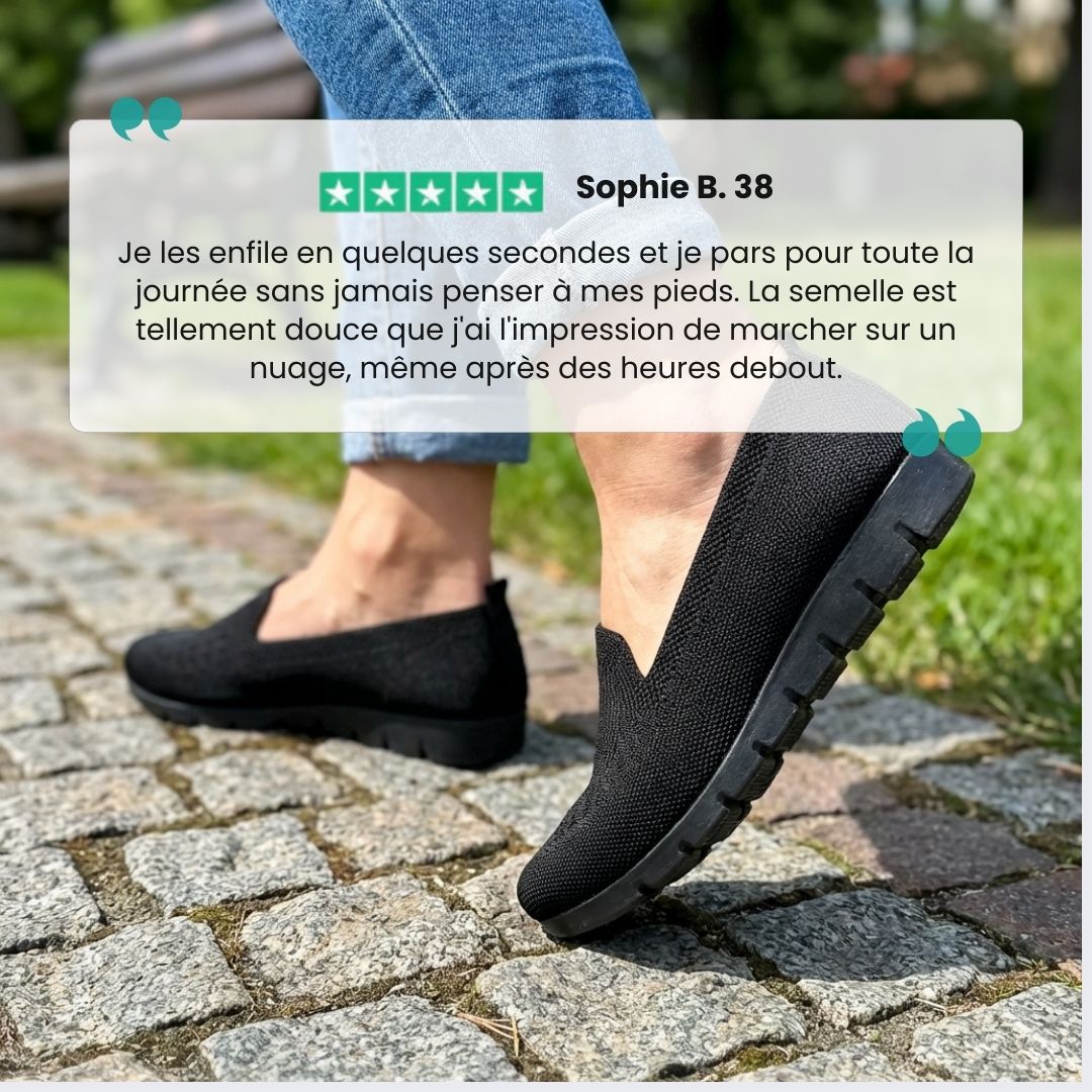 Black orthopedic flats for women with a soft rounded toe and padded insole