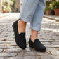 Black orthopedic flats for women with a soft rounded toe and padded insole