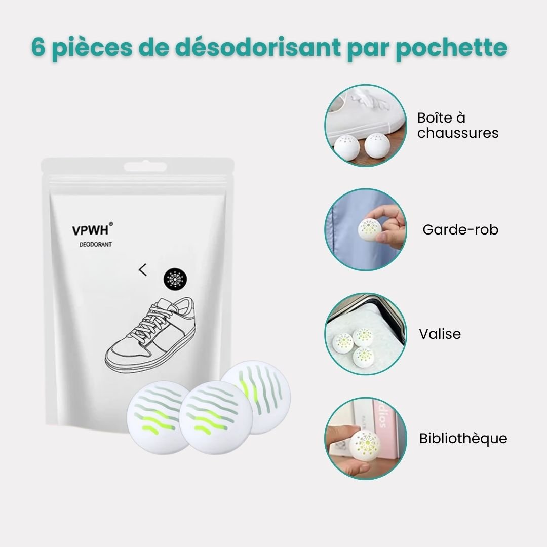 Pair of shoe deodorizer balls dropped inside shoes to absorb odor between wears