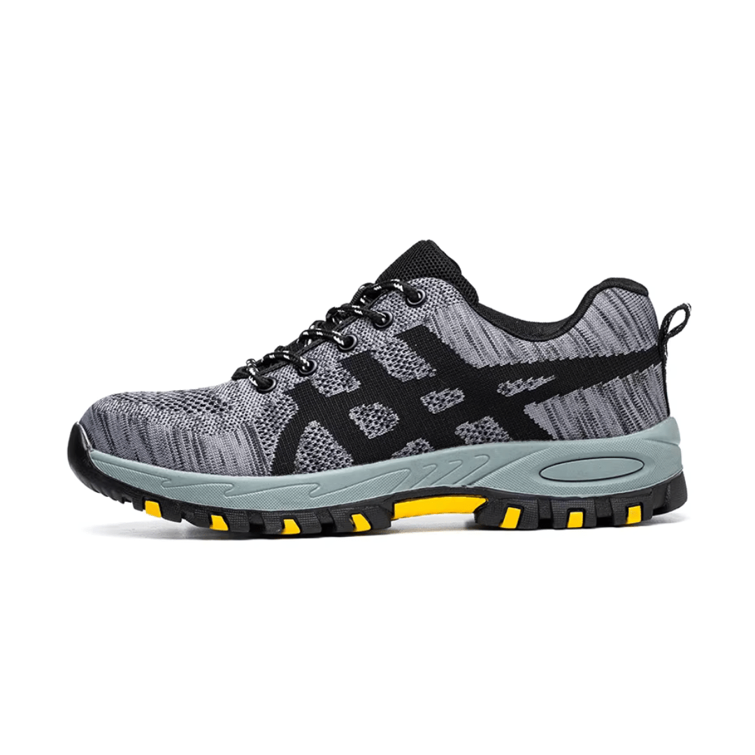 Men's orthopedic work shoes in gray and black with a deep-tread outdoor grip sole