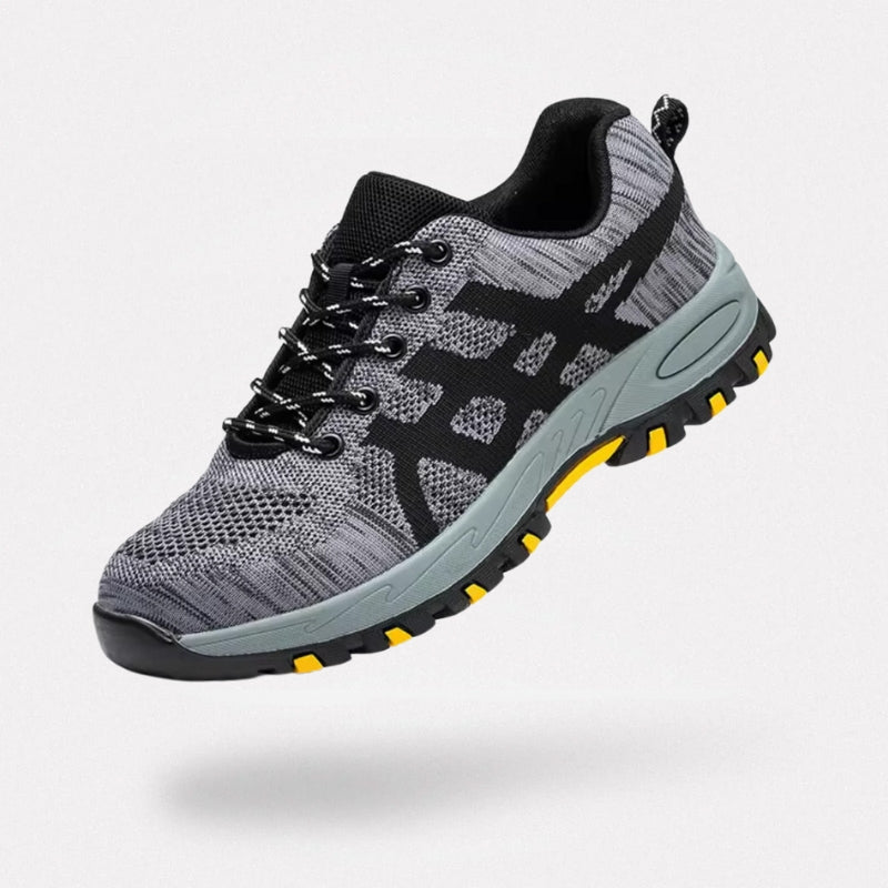 Men's orthopedic work shoes in gray and black with a deep-tread outdoor grip sole