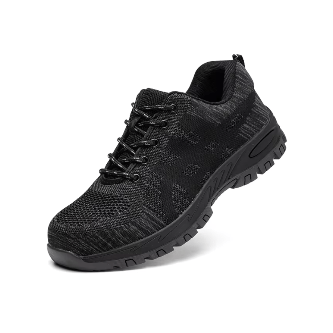 Men's orthopedic work shoes in gray and black with a deep-tread outdoor grip sole