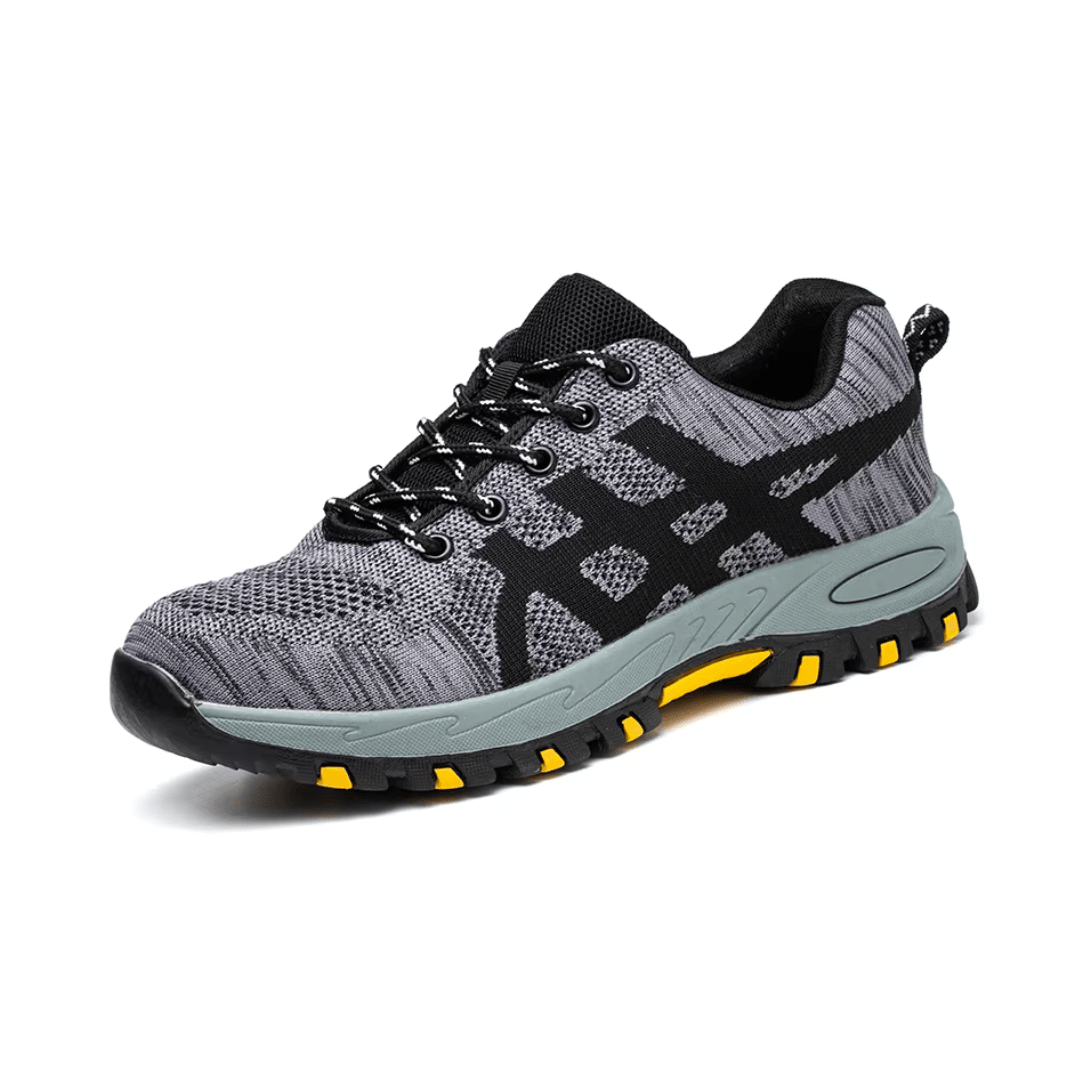 Men's orthopedic work shoes in gray and black with a deep-tread outdoor grip sole
